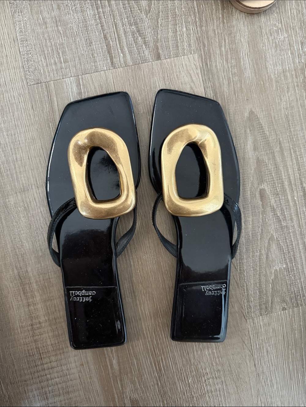 Jeffrey Campbell Black Patent Sandals with Gold Accent